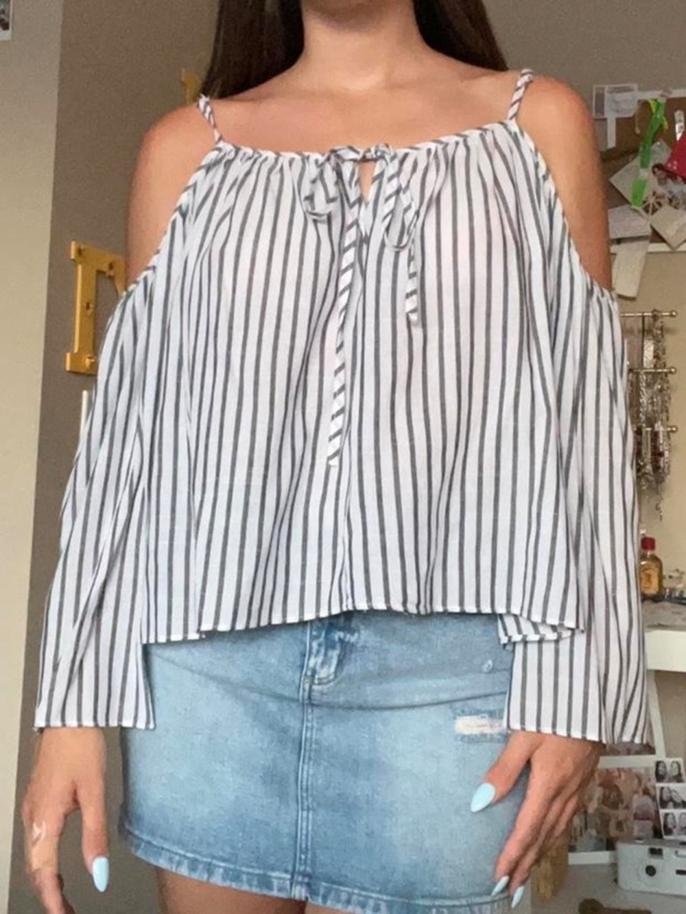 grey + white striped flowy peek-a-boo shoulder top